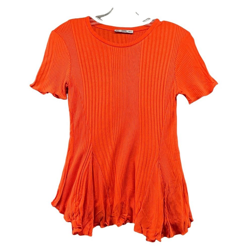Zara‎ Orange T Shirt Womens S Short Sleeve Crewneck Ribbed Scallop Ruffle